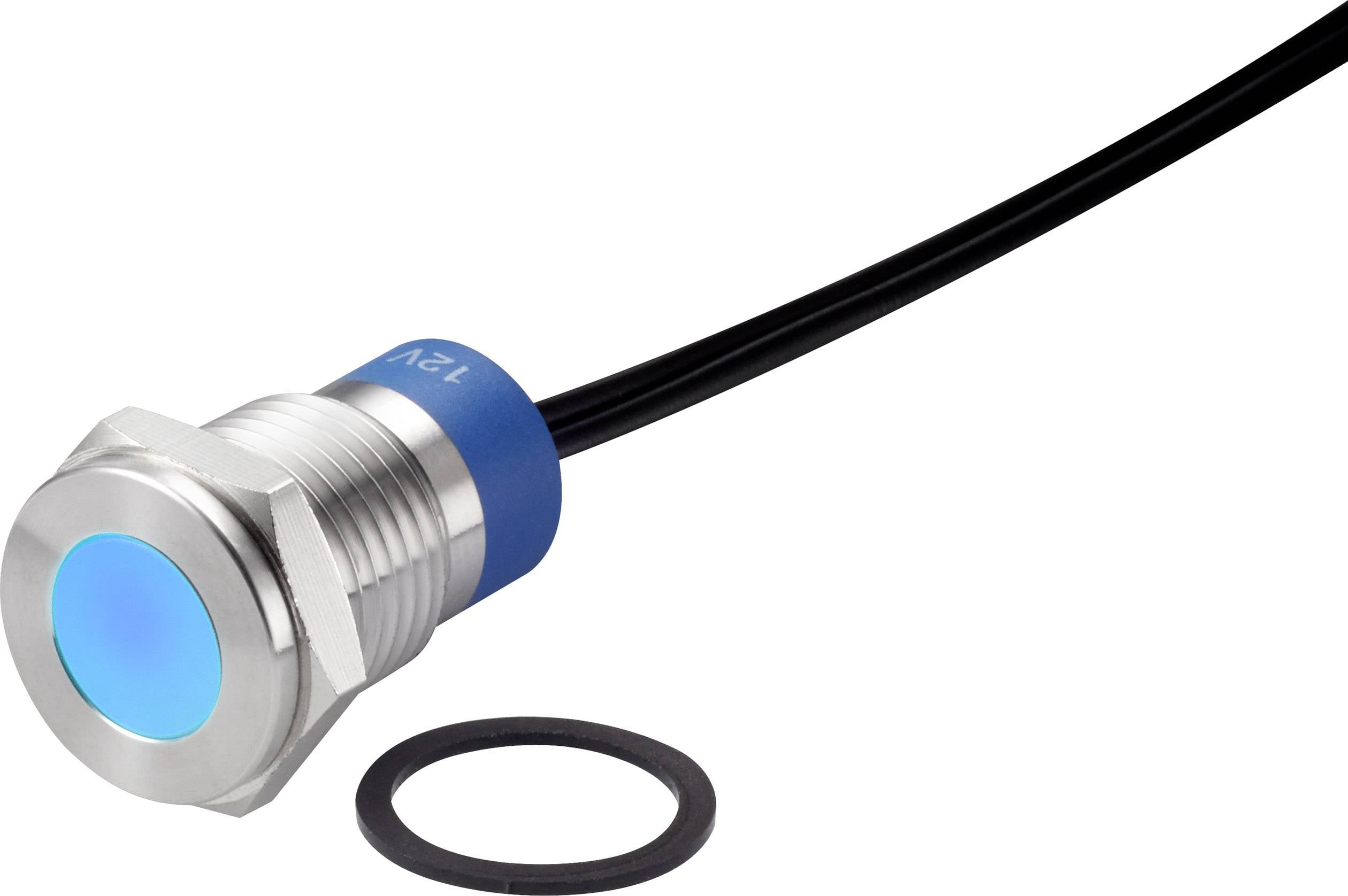 Metal switch with illuminated blue surface, 12V inscription, cable connection and included sealing ring.