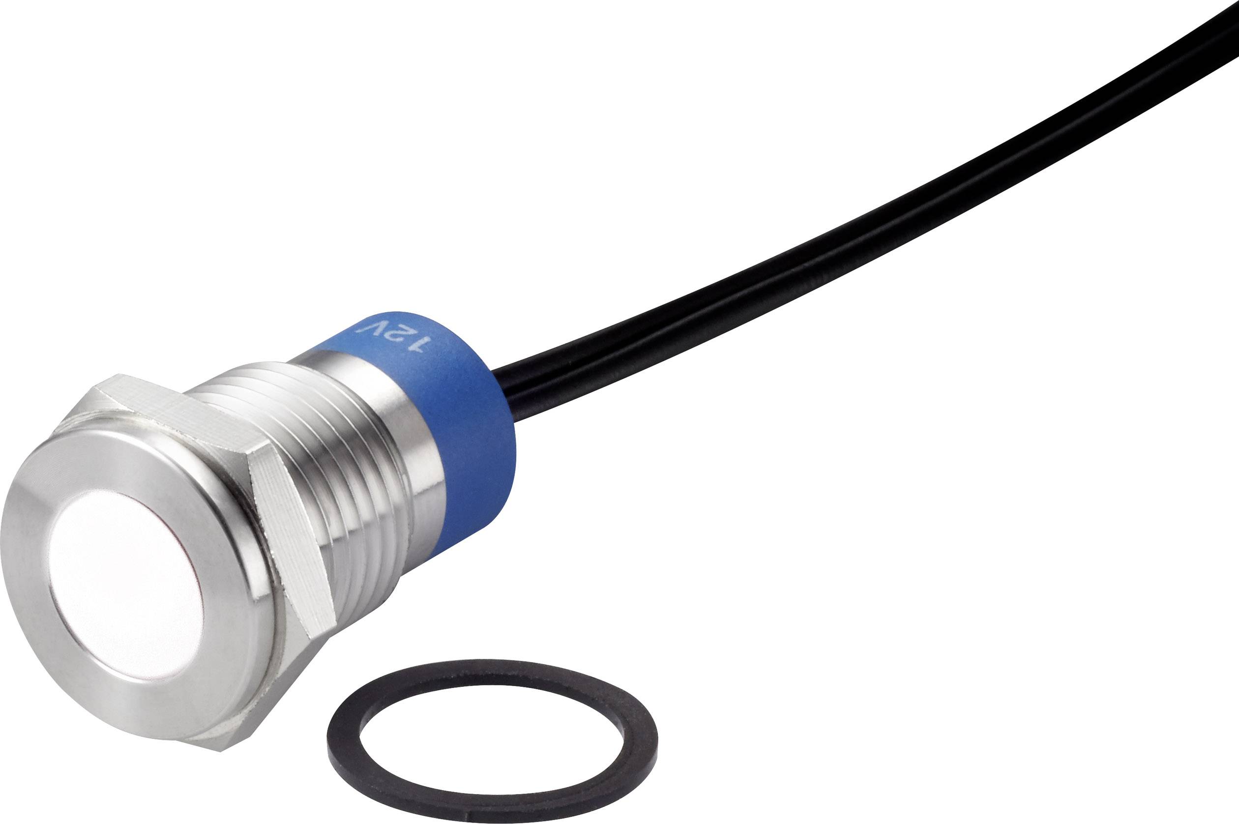 A round, silver LED push-button switch with a black cable and blue 12V marking, alongside a black sealing ring.