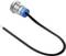 A cylindrical metal light sensor with a blue plastic part and two connected black cables.
