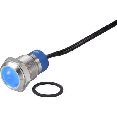 Metallic push switch with blue illumination and black cable, supplied with a rubber sealing ring. Suitable for 12V systems.