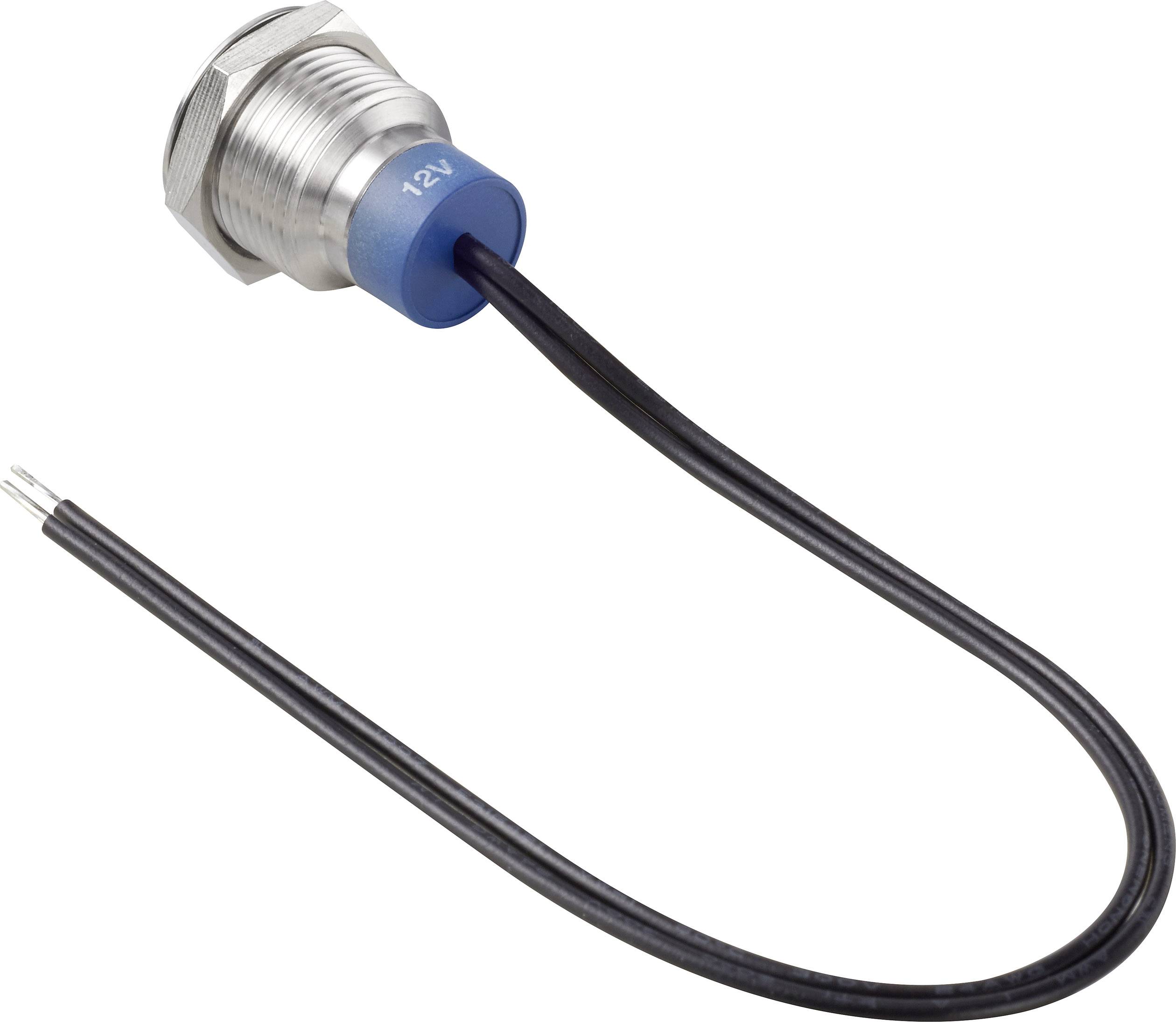 Metal sensor with a blue marking and the inscription '12V'; two black cables are connected and terminate in bare wires.