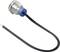 Cylindrical metal sensor with a blue plastic ring, labelled '12V', with two black wires protruding.