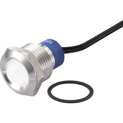 Metal push button with blue casing and cable, black sealing ring lying beside it.