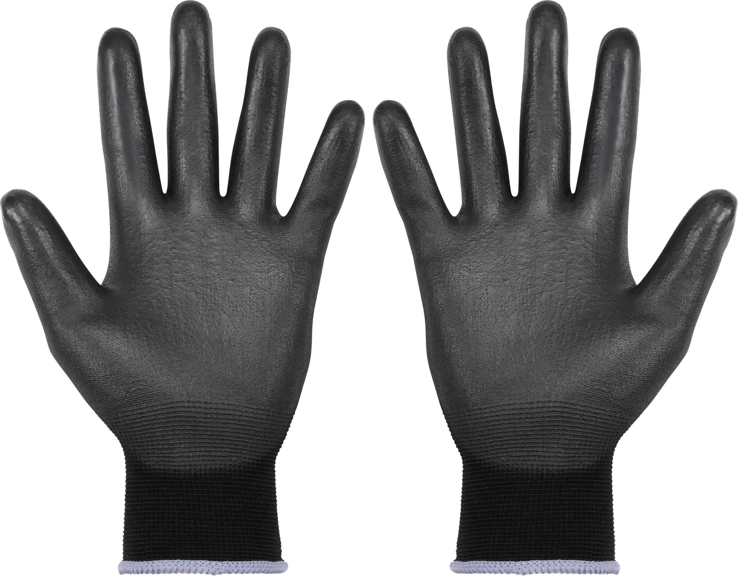 Two black protective gloves with grey wrist cuffs are lying side by side with their palms facing upwards.