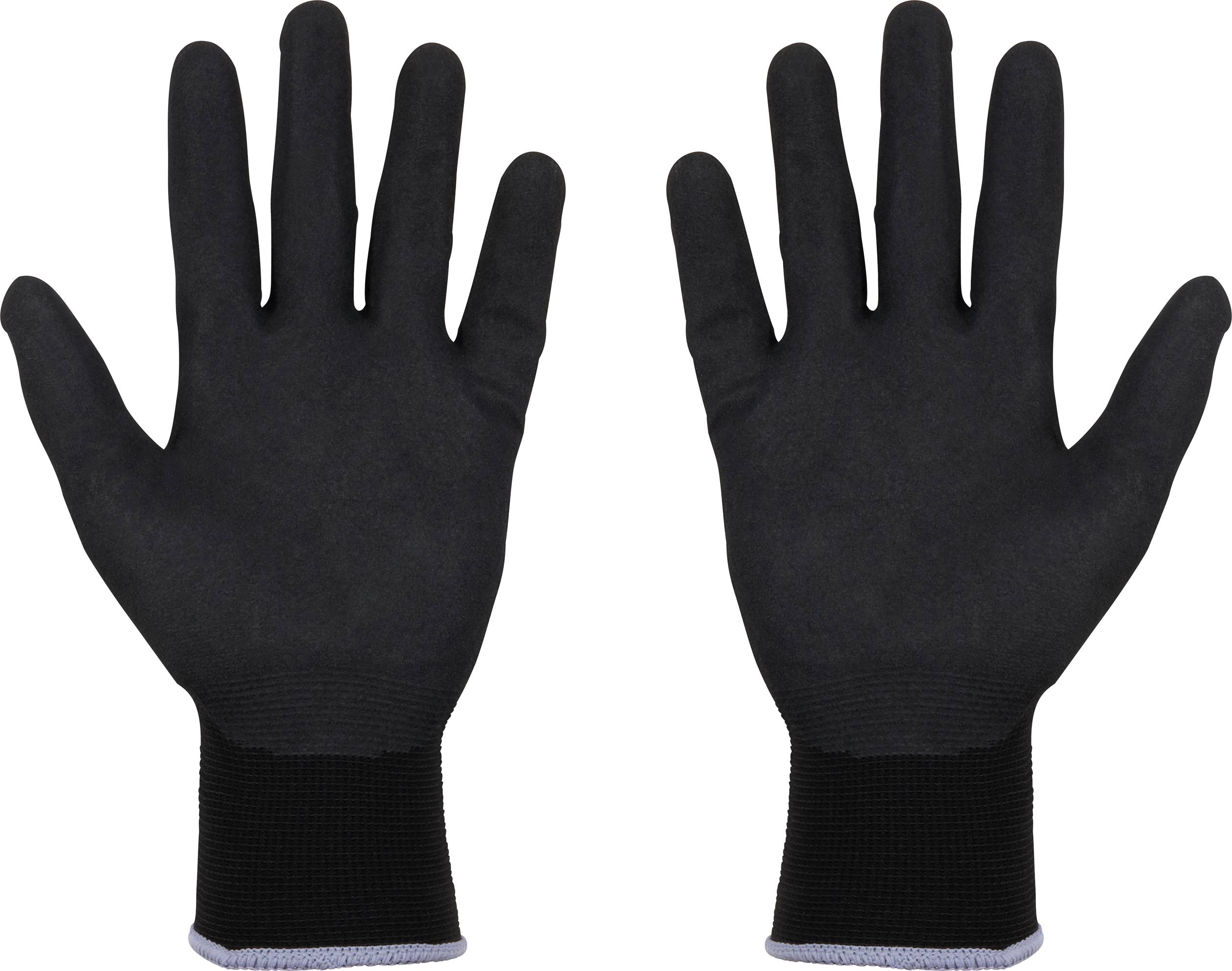 Black work gloves, paired and laid flat with palms facing upwards. Suitable for protection during manual crafting activities.
