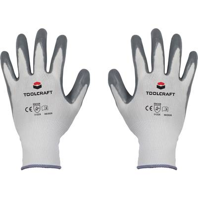 Grey and white work gloves with 'TOOLCRAFT' logo and CE marking. Suitable for mechanical work.