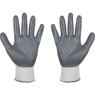 Two grey work gloves with white cuffs on a light background.