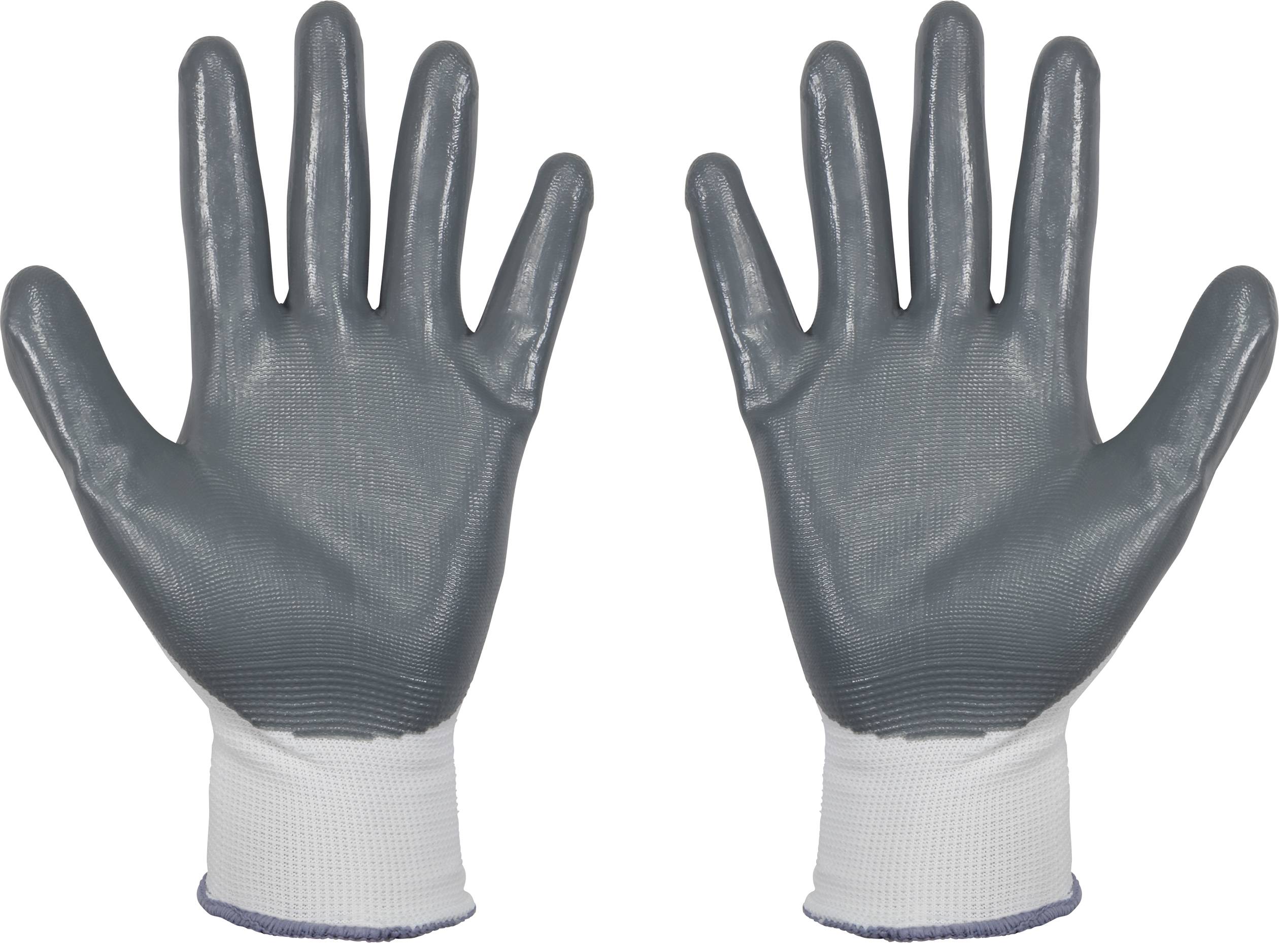 Two grey rubber work gloves with white cuffs, lying parallel and side by side, palms facing upwards.