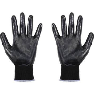 Two black protective gloves with wavy surfaces, open at the top. They provide protection and grip for the hands.