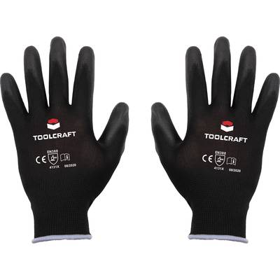 Two black work gloves with white prints, including 'TOOLCRAFT', EN388 protection class and additional certification symbols.