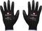 Two black protective gloves with white trim, printed with 'TOOLCRAFT', CE marking and specific personal protective equipment standards.