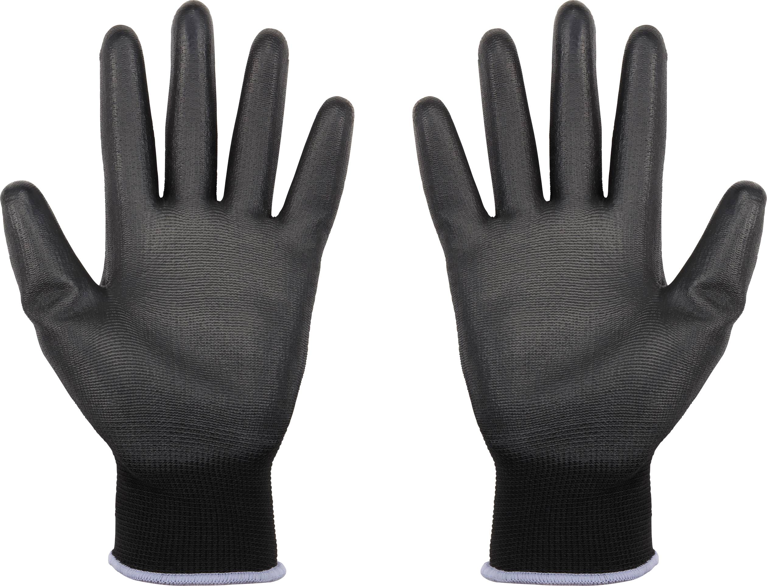 Black work gloves made of elastic material, with a tight-fitting cuff, shown side by side symmetrically.