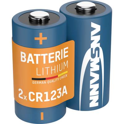 Two ANSMANN lithium batteries, CR123A size, with orange casing and the inscription 'Batterie Lithium, German Quality Check'.