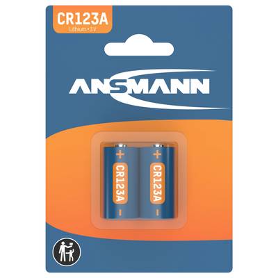 Packaging containing two CR123A Lithium batteries by Ansmann. Suitable for high-energy consumption devices.