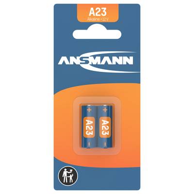 'ANSMANN A23 Alkaline 12V Batteries' in an orange and blue packaging, two batteries visible, symbolic disposal instructions in the bottom left.