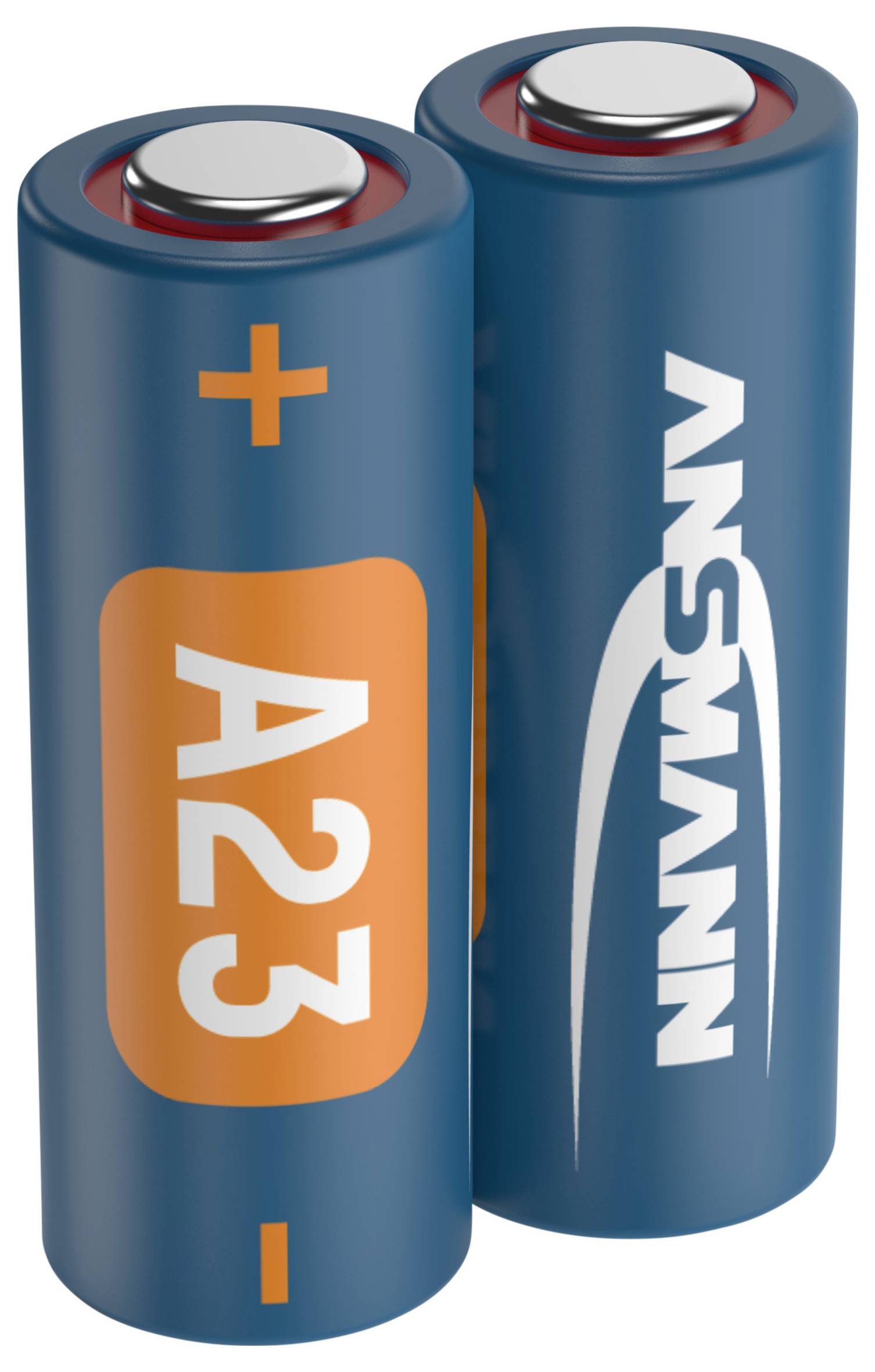 Two blue batteries with an orange 'A23' print and brand name. The batteries are standing vertically side by side.