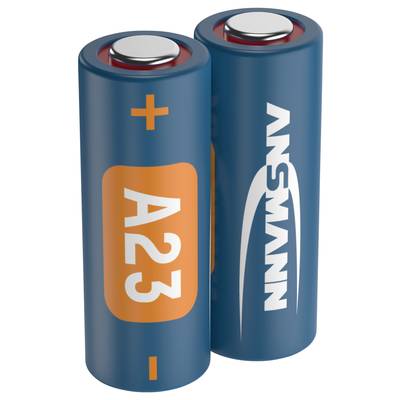 Two blue batteries with an orange 'A23' print and brand name. The batteries are standing vertically side by side.