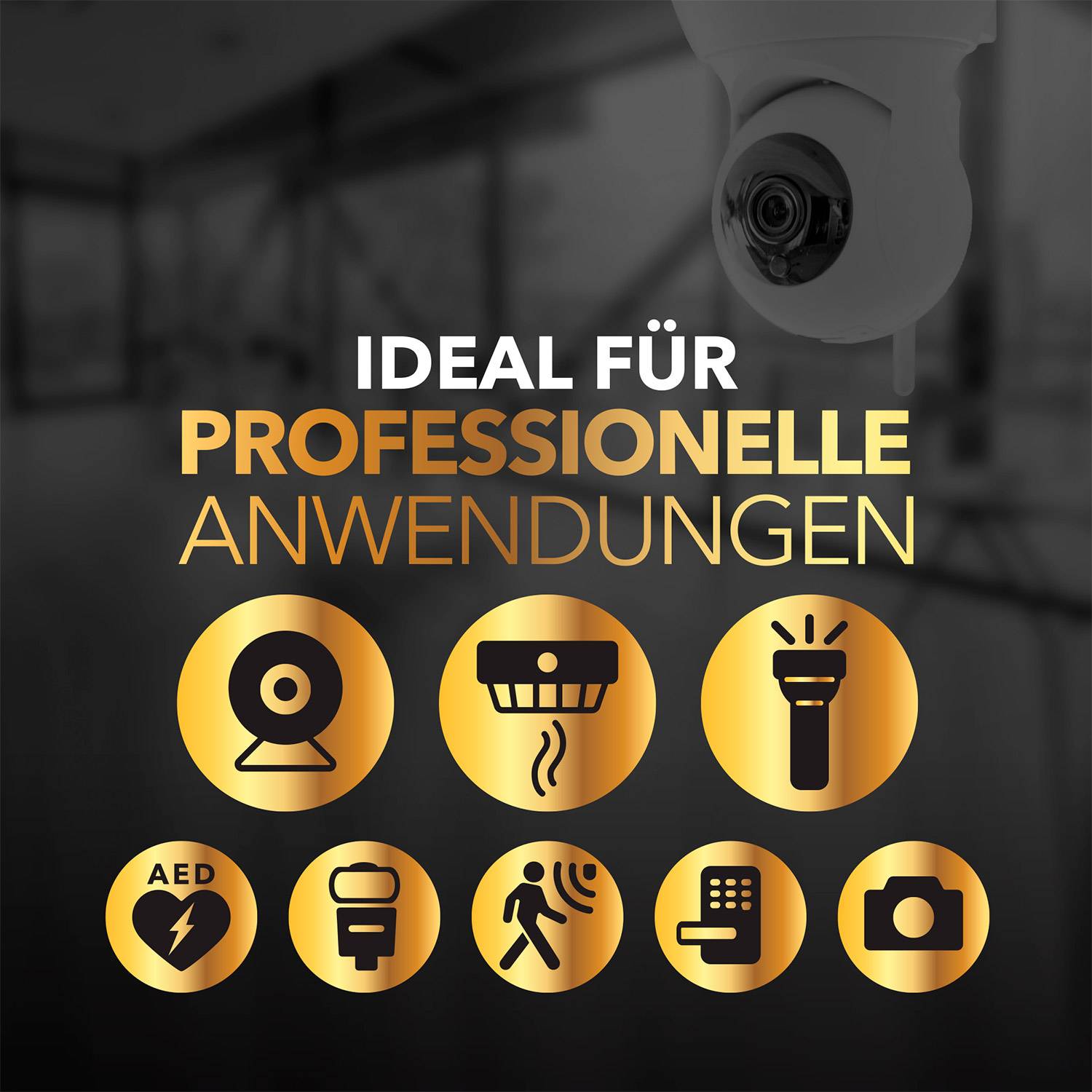 Surveillance Camera with Symbols for Professional Applications: Video Camera, Smoke Detector, Torch, AED, Megaphone, Security Guard, Camera.