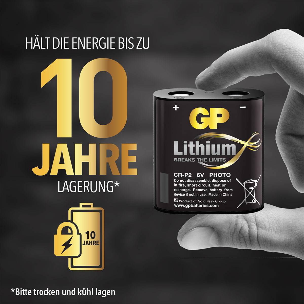 'GP Lithium Battery CR-P2, maintains energy for up to 10 years of storage. Please store in a dry and cool place.'