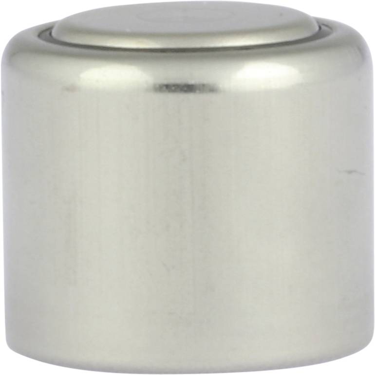 A silver, cylindrical metal door stop.