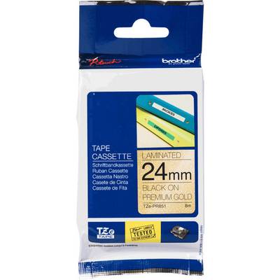 Packaging for Brother P-touch TZe Label Tape. Texts: '24 mm', 'Black on Premium Gold', '8m Length'. Contains three coloured cassettes.