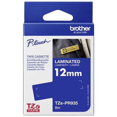 Packaging for a Brother P-touch TZe-PR935 label tape cassette. Laminated 12mm tapes, navy blue, 8m length.