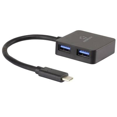 'A black USB-C adapter with two blue USB 3.0 ports and a short cable.'