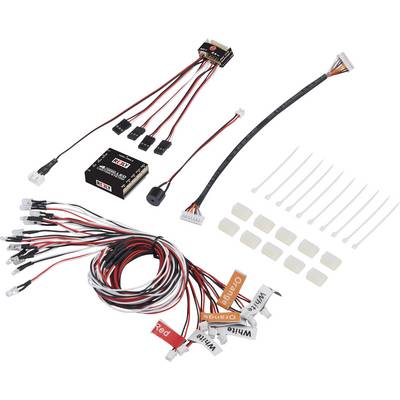 'LED light set for RC cars with various cables, plugs, LED lights, cable ties and adhesive labels in different colours.'