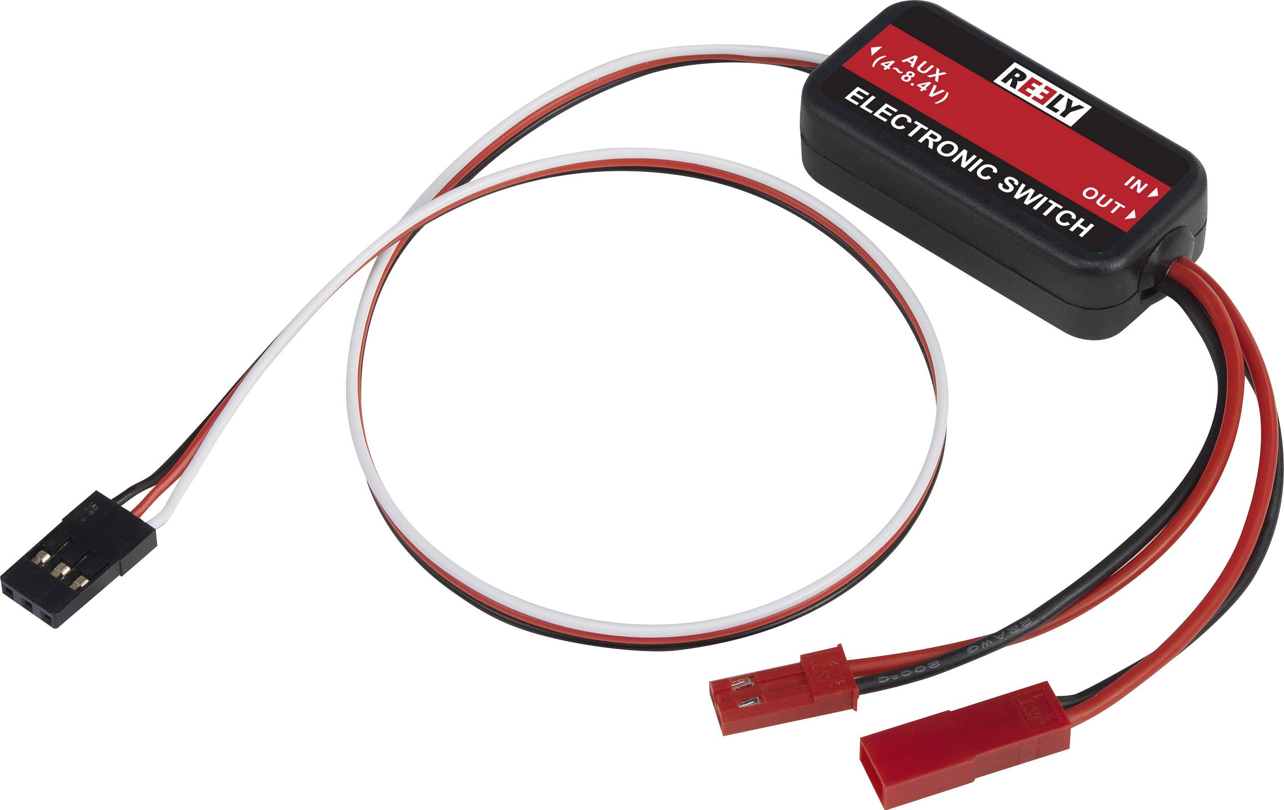 Electronic switch with red and black cables, labelled 'IN', 'OUT', and 'AUX'. Used for controlling electronic devices.