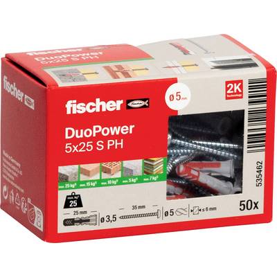 Box of fischer DuoPower 5x25 S PH wall plugs, showing 50 pieces, 2K technology, and load icons for masonry and drywall applications.