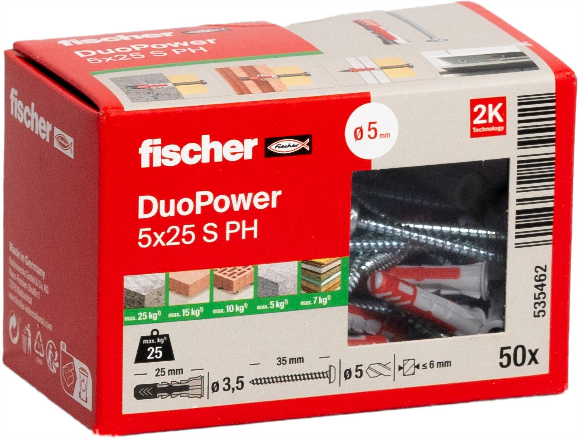 'Box of Fischer DuoPower 5x25 S PH wall anchors and screws, 50 pieces, suitable for various materials with detailed installation icons.'