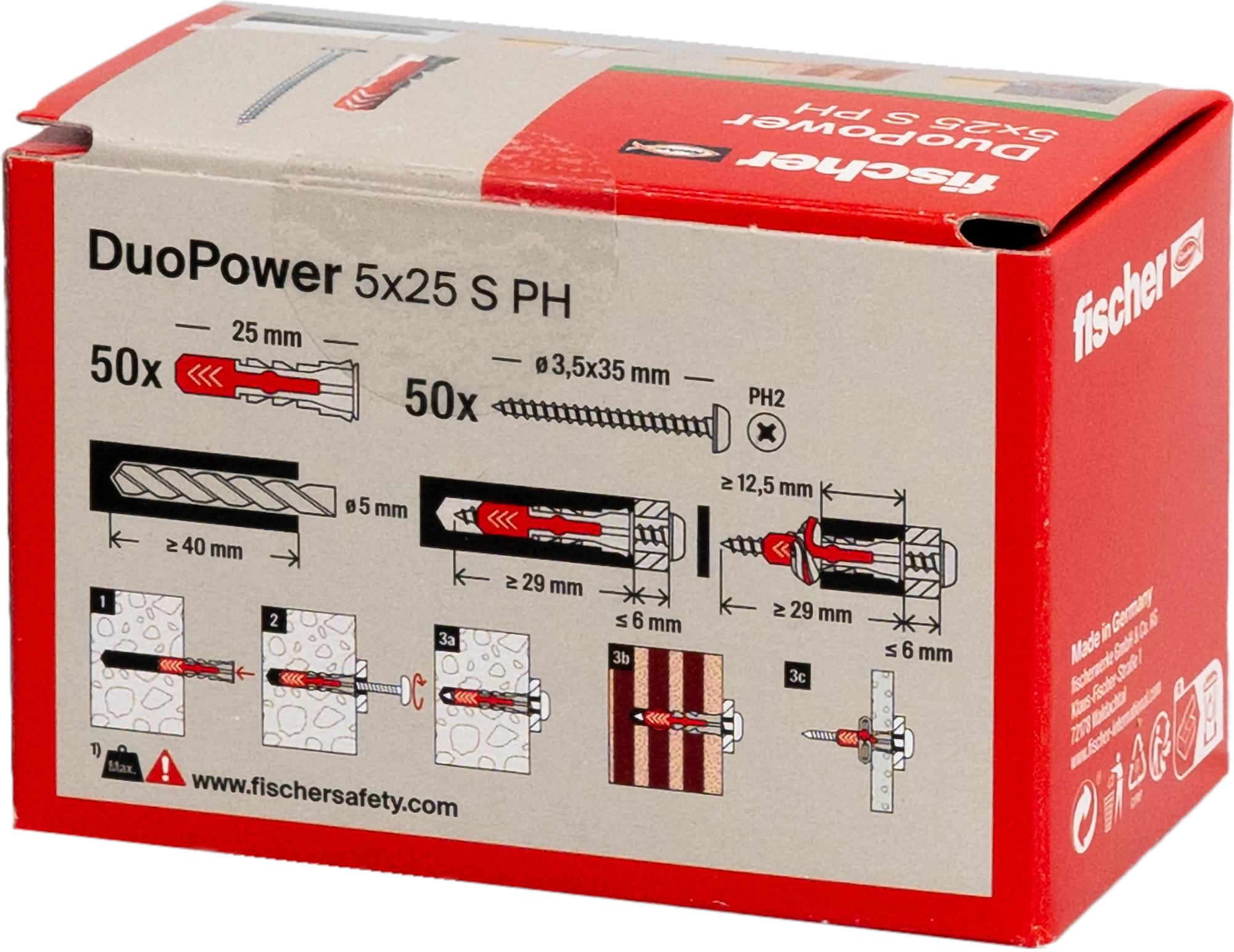 The image shows a box of Fischer DuoPower 5x25 S PH wall plugs and screws. Instructions depicted for proper installation in four steps.