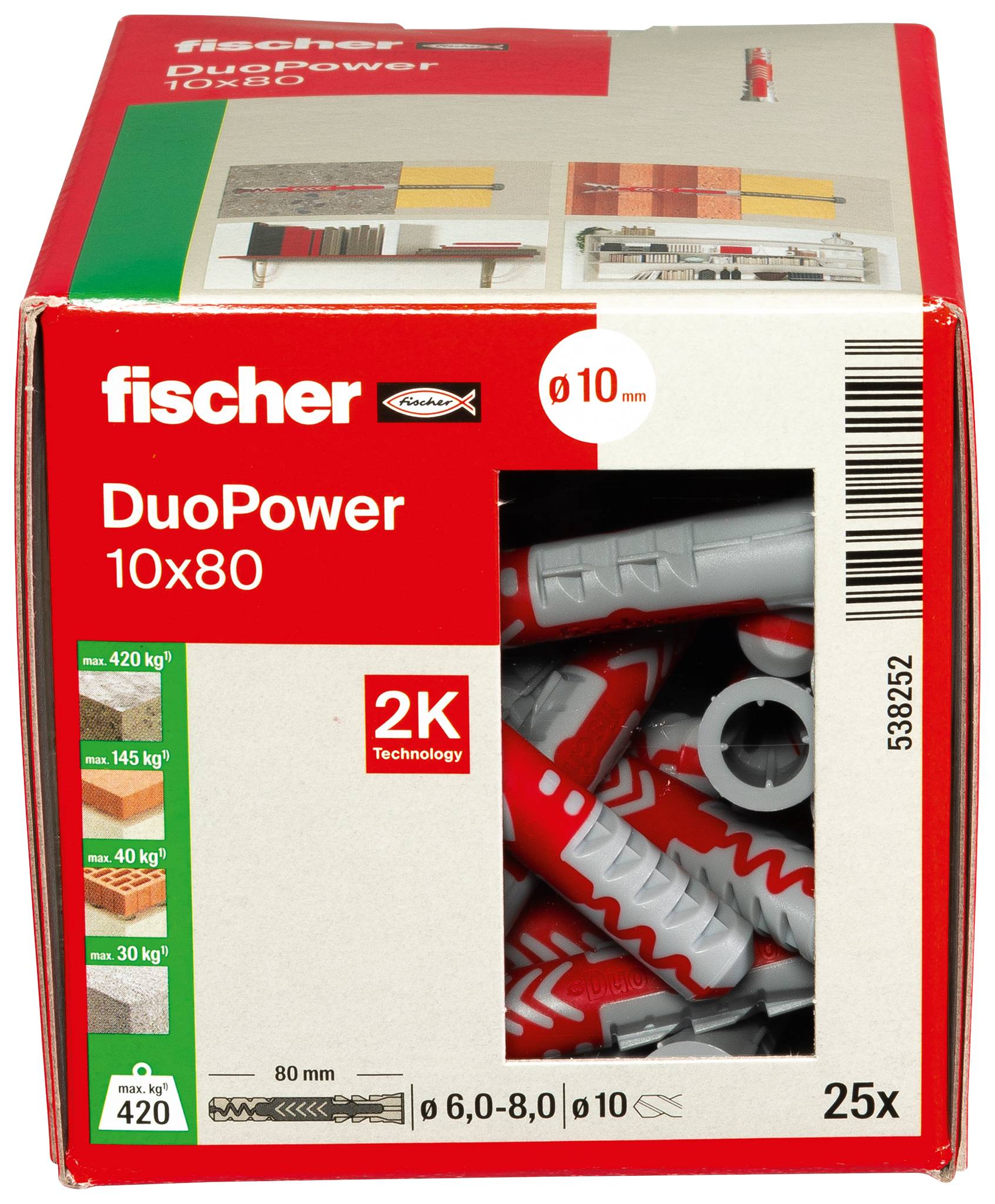 Box of fischer DuoPower 10x80 wall plugs, showing a window of red and gray anchors and packaging details including 25x and 10 mm drill size.