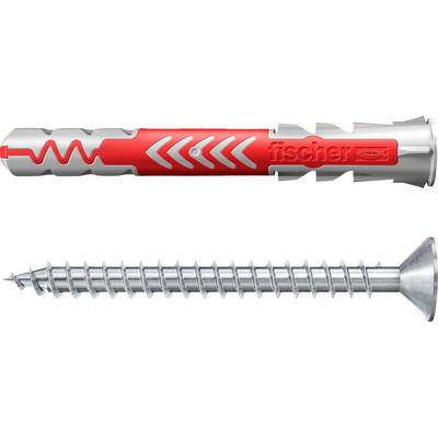A red and gray wall plug is shown above a metal screw. The plug has the brand name embossed on it and is designed with twist locking features.