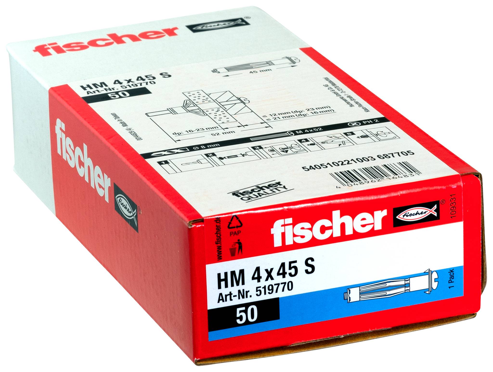 Fischer box of HM 4x45 S wall anchors, 50-pack, shown with product diagram and label.