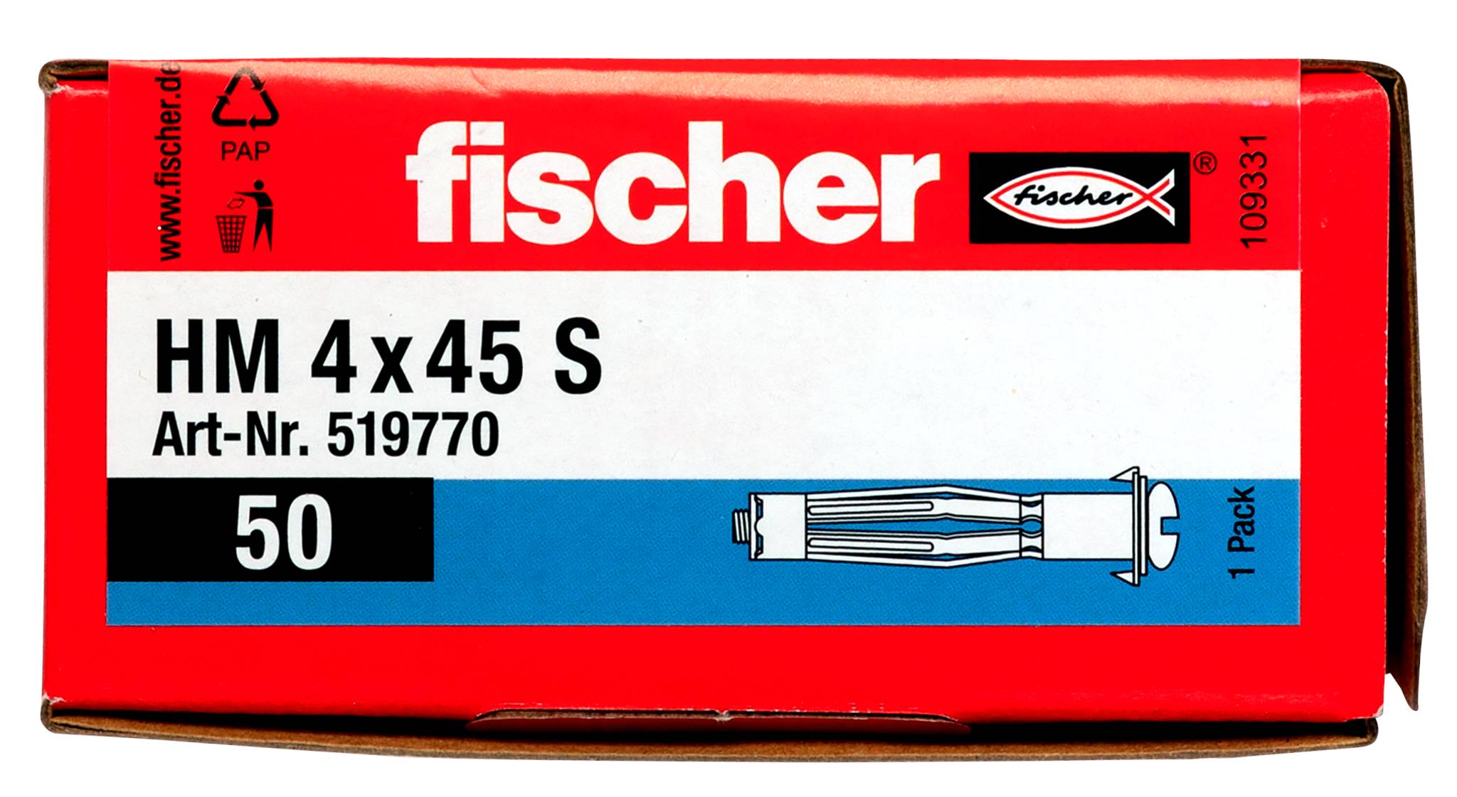 Red Fischer HM 4x45 S anchor box labeled 'HM 4x45 S', Art-Nr. 519770, quantity 50, with product illustration and '1 Pack' text.