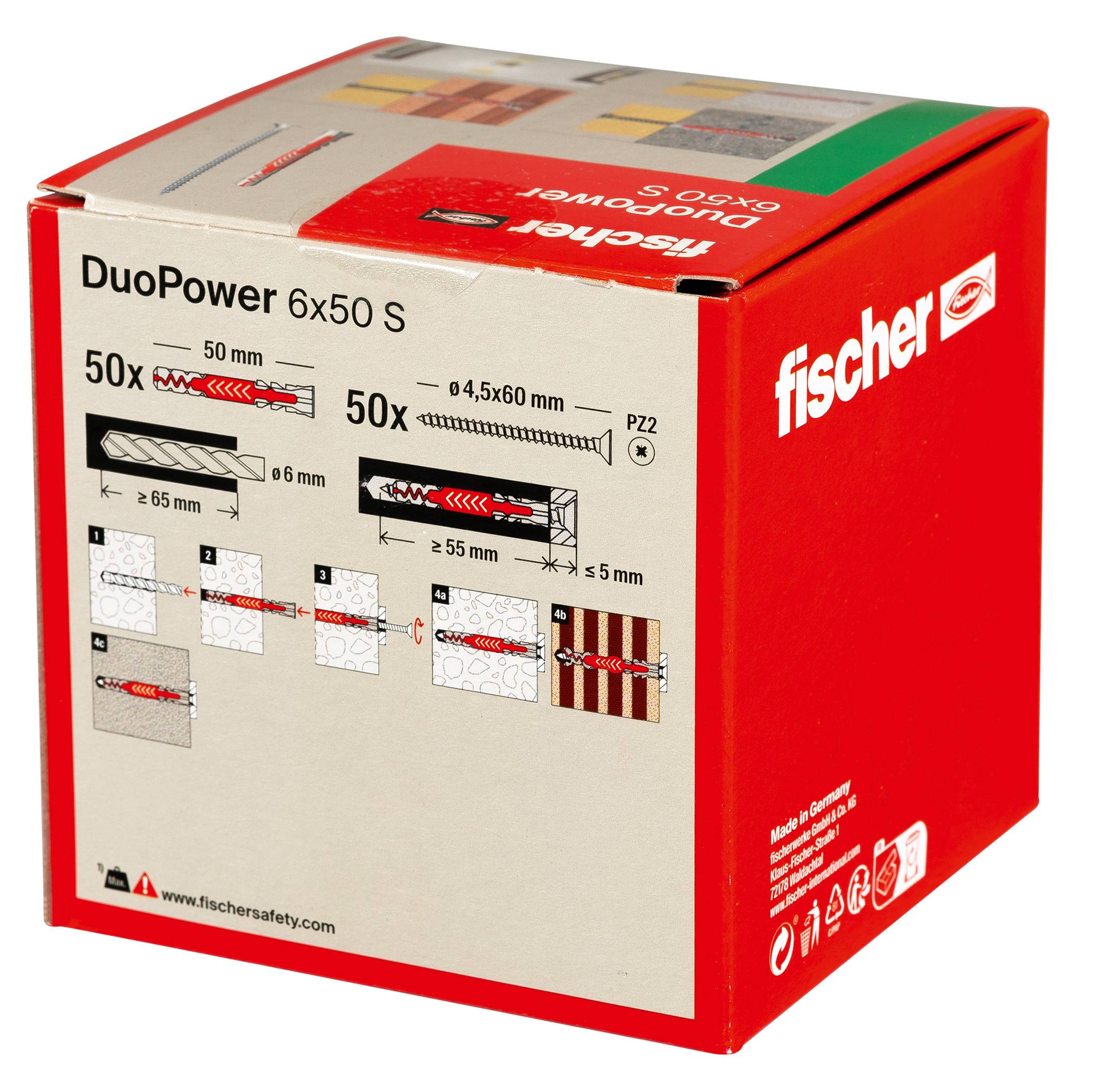 Red Fischer DuoPower 6x50 S wall plug box showing product dimensions and installation icons.