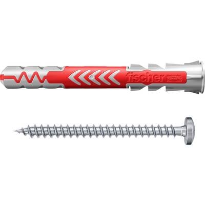 A red and gray wall anchor with a matching metal screw below it, both designed for secure fastening in construction or repair work.