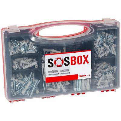 Transparent plastic carrying case filled with assorted screws, wall plugs and fasteners, labeled 'SOSBOX' with the Fischer logo.
