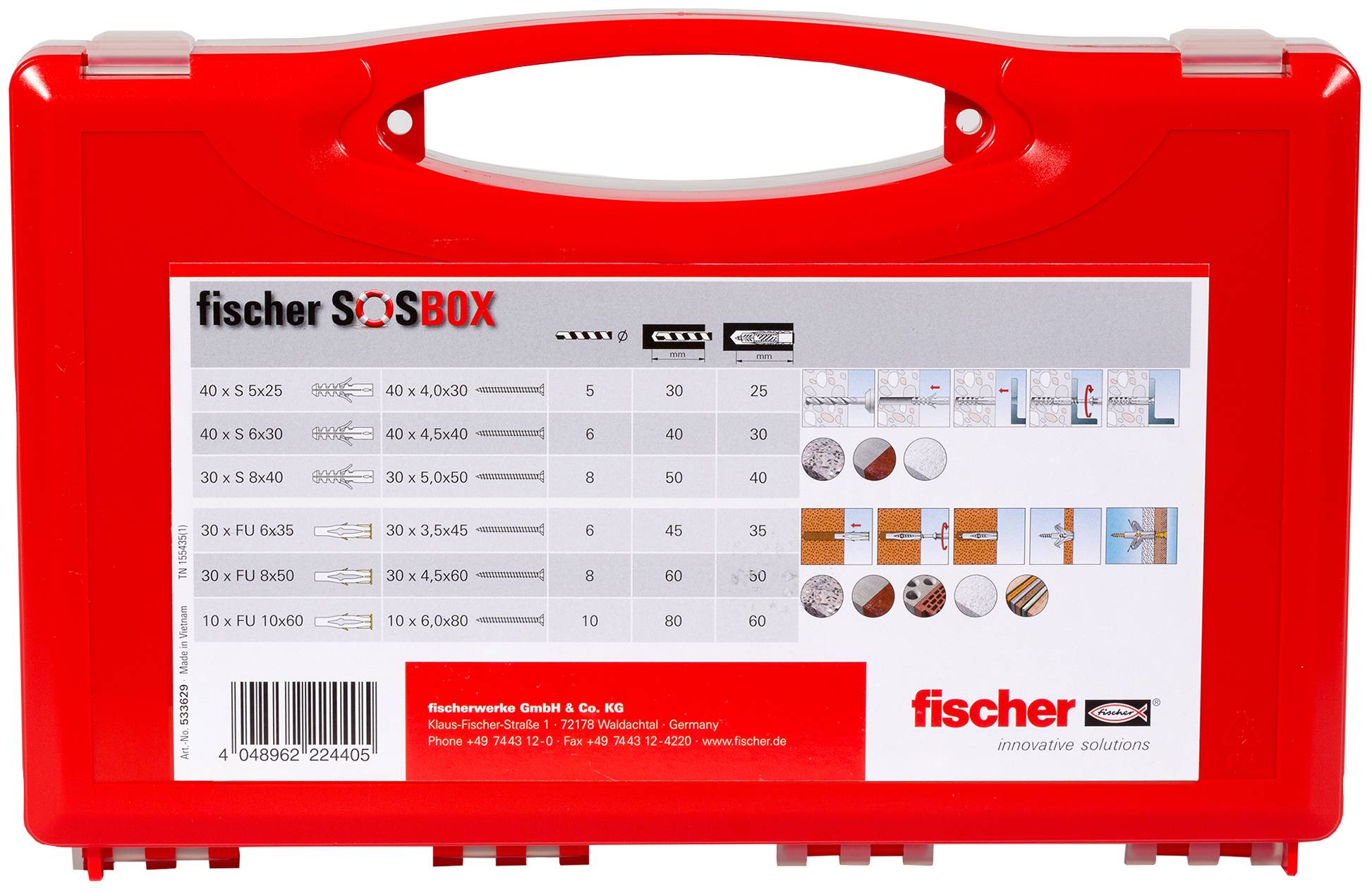 Red Fischer SOBOX tool case with a labeled assortment chart on the front, showing various wall plugs and screws inside.