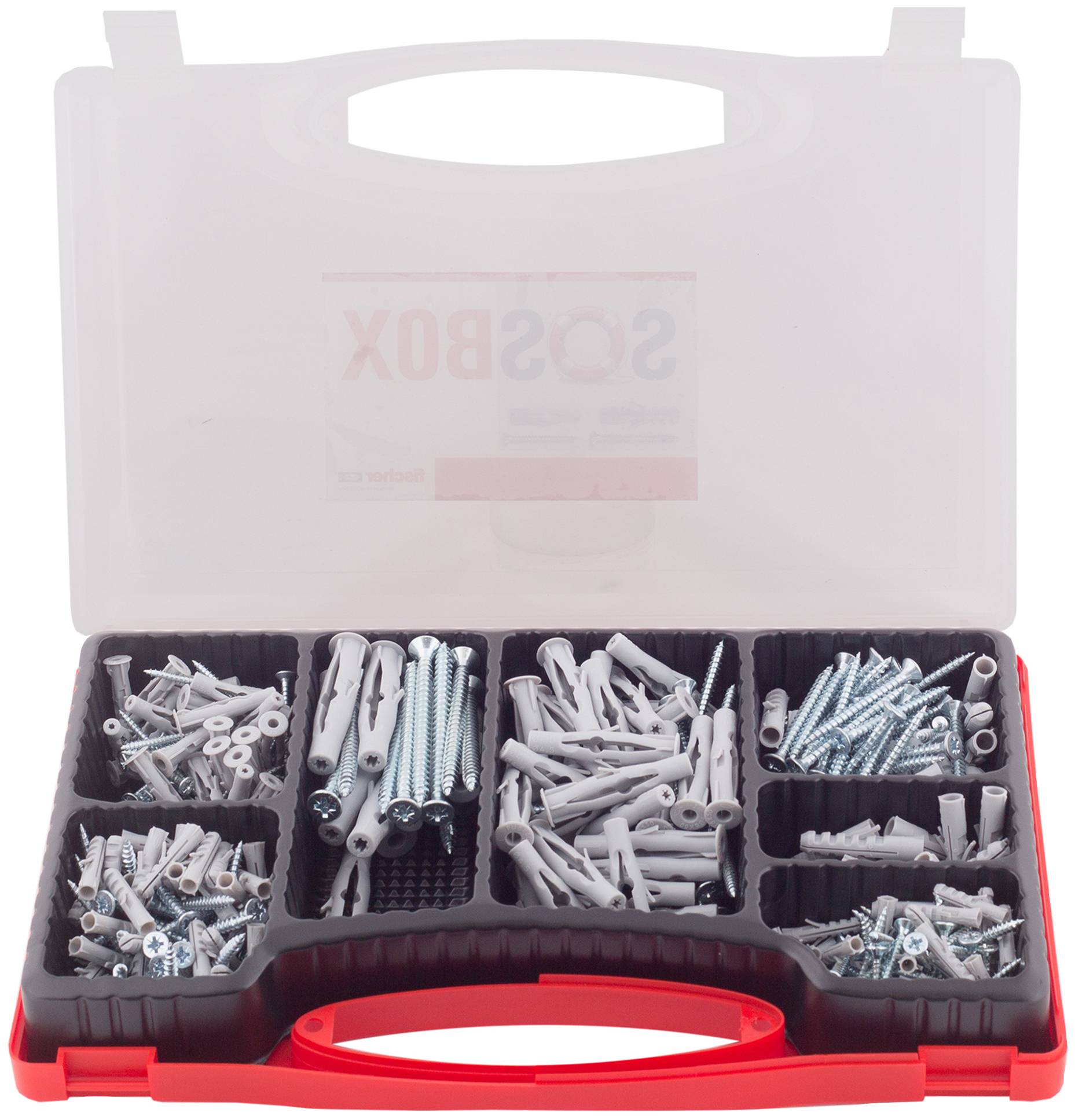 Open plastic organizer case filled with assorted screws, wall anchors, and plastic fasteners in compartments.