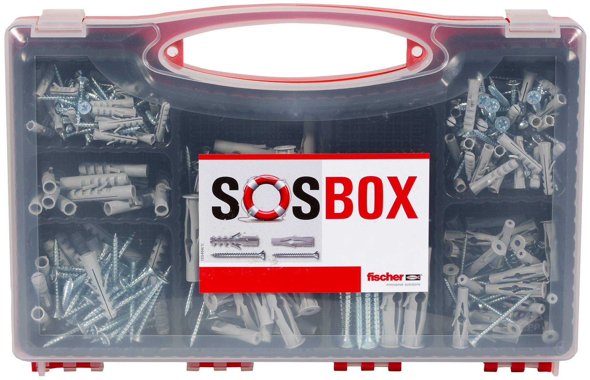 Transparent organizer case filled with assorted screws, anchors and wall plugs, labeled 'SOSBOX' by Fischer.