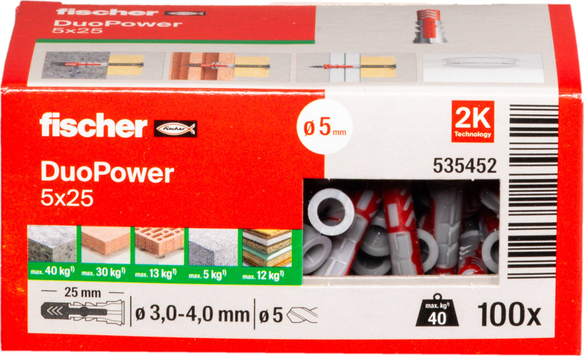 'Fischer DuoPower 5x25' wall plug pack for various materials. Includes images showing plug in concrete, brick, and wood. Contains 100 pieces.