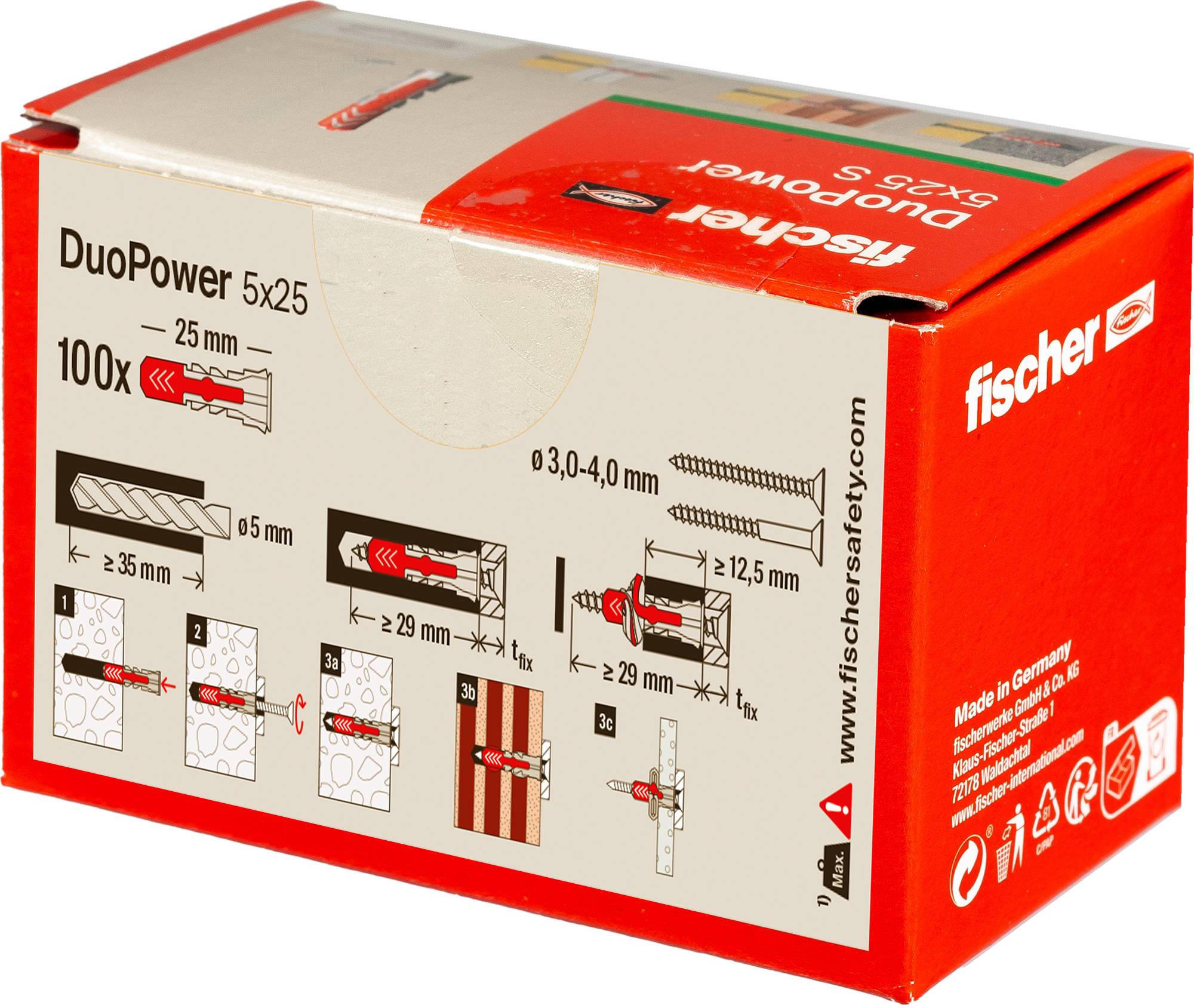 Box of Fischer DuoPower 5x25 wall plugs, illustrating dimensions, drill size (5mm), and application examples on the packaging.