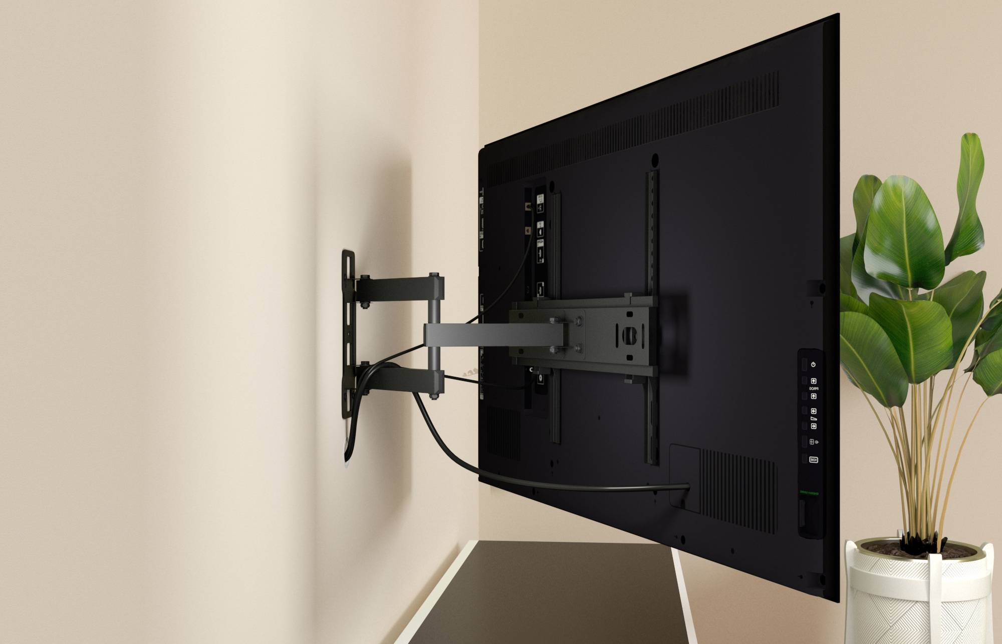 A flat-screen TV mounted on a wall with an adjustable bracket, next to a potted plant on a corner shelf.