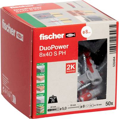 Box of fischer DuoPower 8x40 S PH wall plugs and screws, 50-pack, showing product packaging with an 8 mm drill size and 2K Technology.