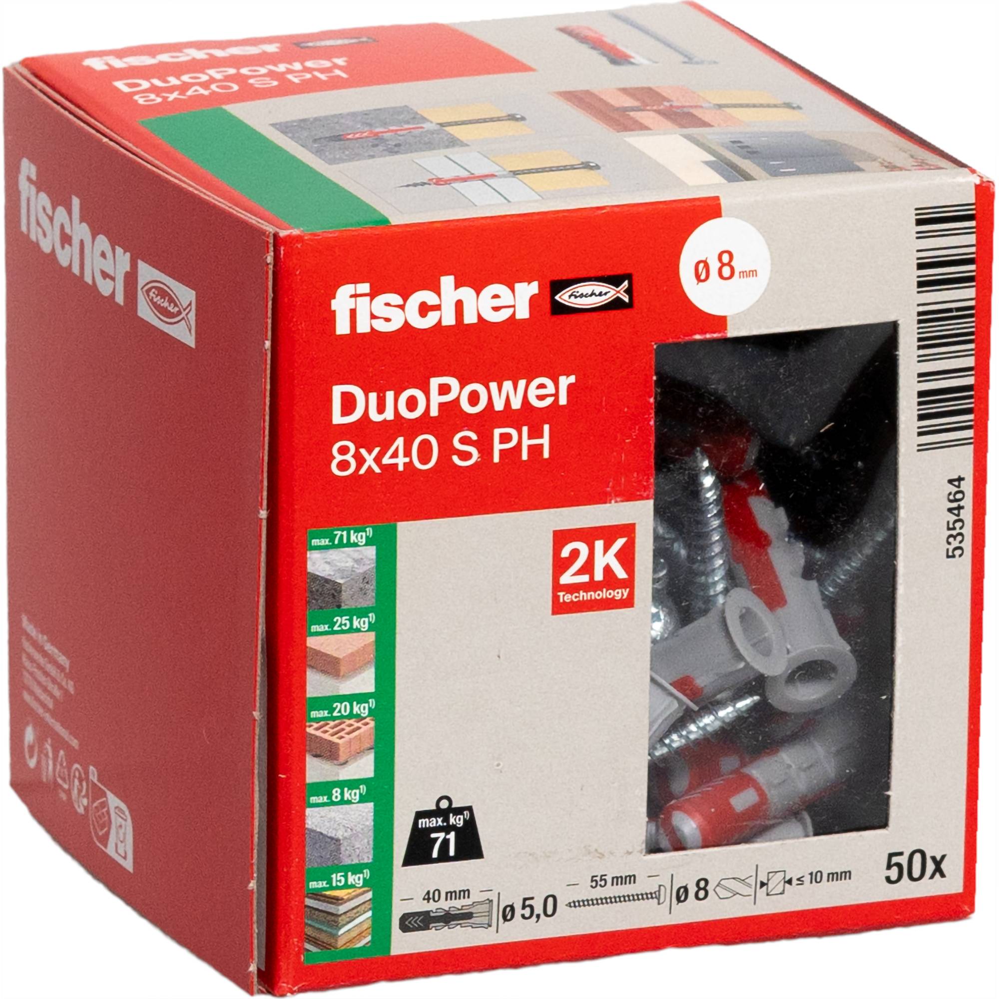 'Red and grey fischer DuoPower 8x40 S PH wall plug box for high load-bearing with 2K technology, suitable for various materials.'