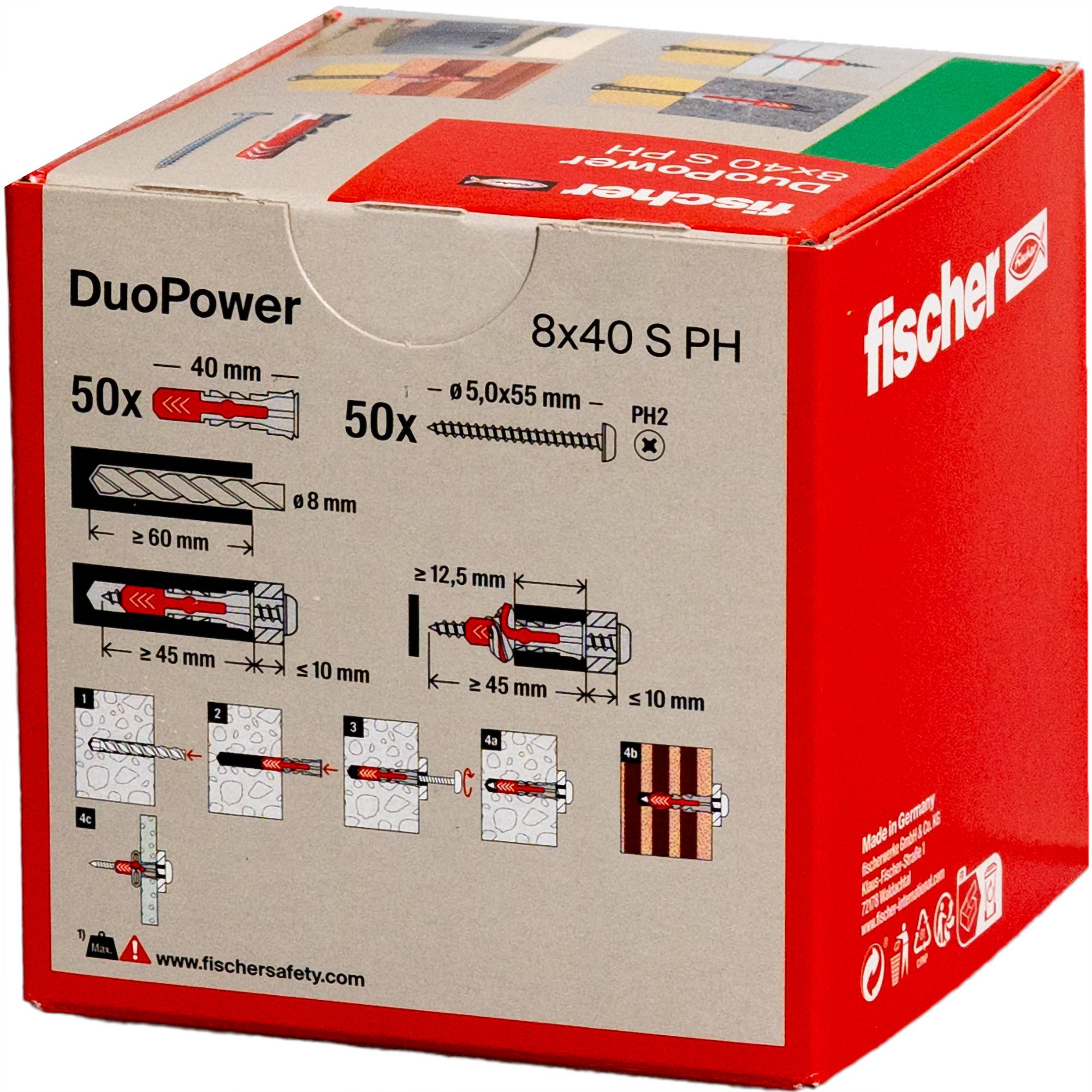 Box of Fischer DuoPower screws and plugs, showing diagrams of their usage and dimensions. Information includes size: 8x40 S PH and quantities.