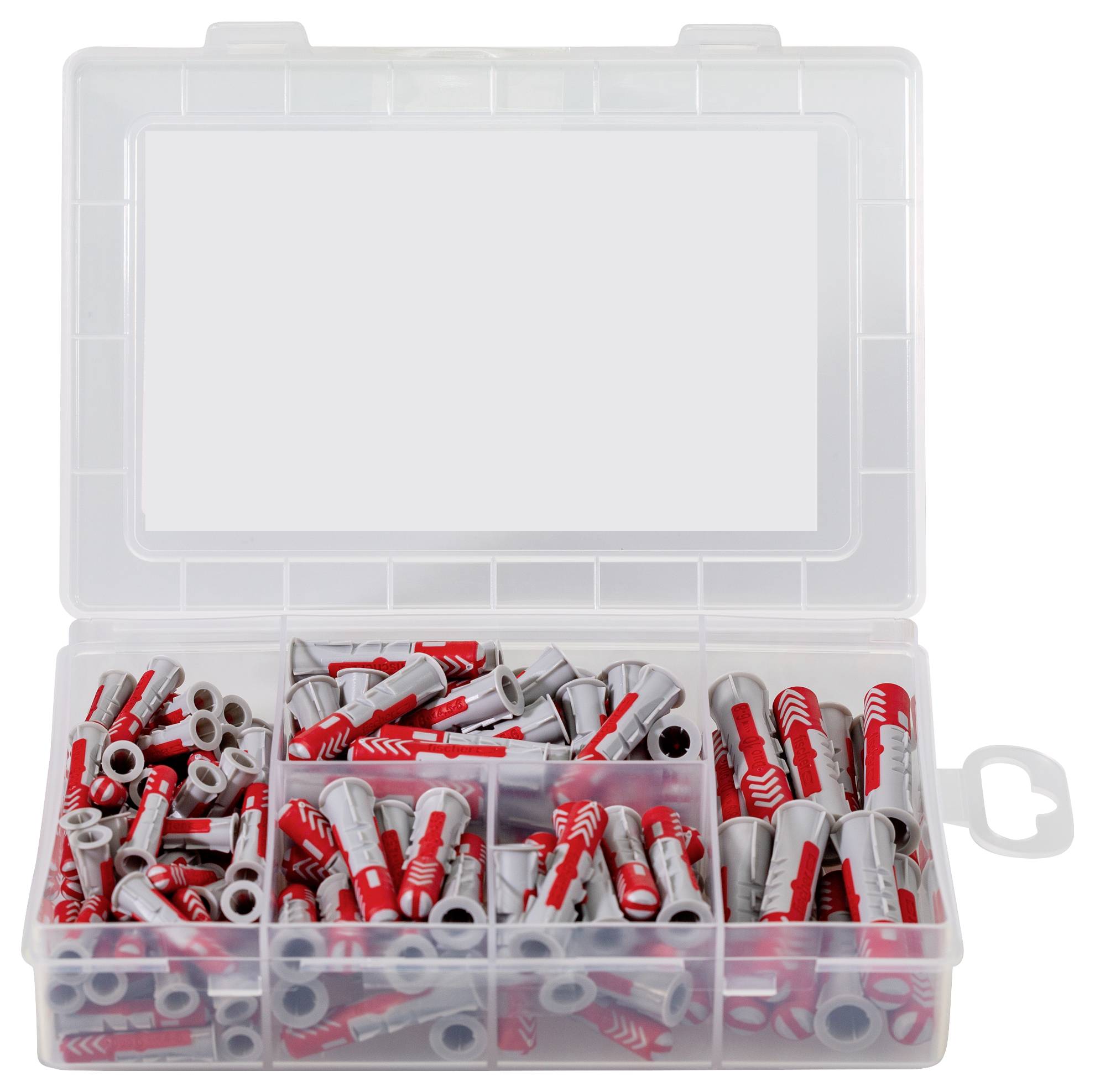 A transparent plastic storage box with various wall plug sizes in multiple compartments, primarily in red and grey, for fixing purposes.