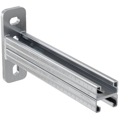 Metal wall bracket supporting a long adjustable slotted rail or track on a white background.
